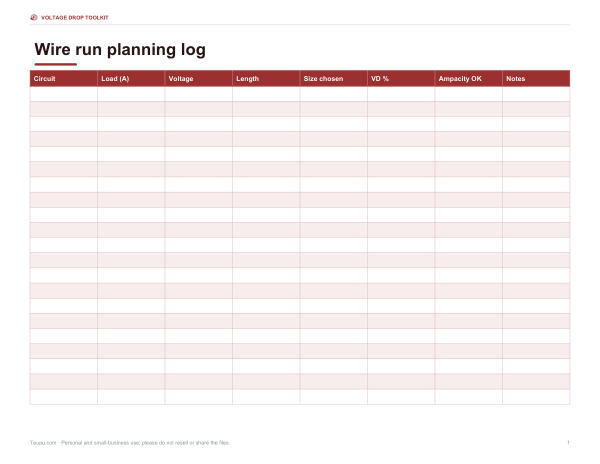Preview of Printable Voltage Drop Planning Log